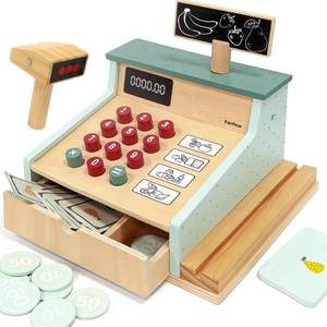 lot 1972 image: PairPear Wooden Toy Cash Register,Kids Pretend Play Money Counting Toys with Scanner and Credit Card,Toddler Cashier Toy Grocery Play Food Accessory for Pre-School Gift Boys Girls 3