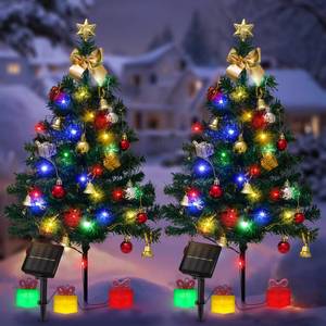 lot 1984 image: 2 Pack Solar Mini Christmas Tree Decorations Lights, 30 Inch 8 Flashing Modes Waterproof Xmas Decor, 60 LED Lights with Ornaments 6 Lighted Gift Boxes for Porch Pathway Yard Garden (Multicolor)