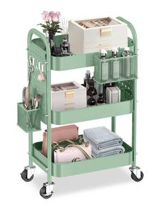 lot 1998 image: ALVOROG 3 Tier Rolling Cart with DIY Pegboards Metal Utility Cart with Wheels Handles Baskets Hooks, Storage Cart for Office Kitchen Bathroom(Green)