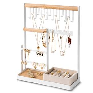 lot 2002 image: DreamGenius Jewelry Organizer Stand with Velvet Ring Holder, 4 Tier Jewelry Holder Organizer with 15 Hooks for Necklaces and 16 Holes for Earrings, White