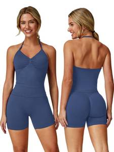 lot 2362 image: ABOCIW Workout Sets for Women 2 Piece Seamless Impact Longline Strappy Top Scrunch Butt Lifting High Waist Biker Shorts Matching Gym Set Gray X-Small