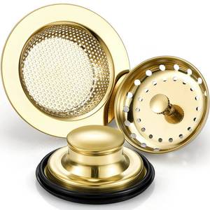 lot 2368 image: Mudder 3 Pcs Kitchen Sink Drain Strainer and Stopper Stainless Steel Garbage Disposal Plug with Handle Universal Anti-Clogging Kitchen Sink Filter Sieve Basket Strainer(Light Gold)