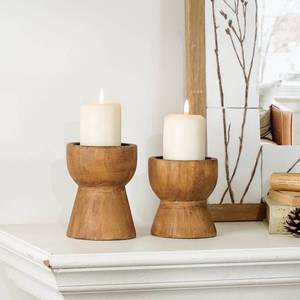 lot 2370 image: NIKKY HOME Farmhouse Wooden Candle Holders Set of 2, Rusitc Solid Wood Pillar Candlesticks Pedestal, Fireplace Mantle Table Centerpiece Decor, Brown
