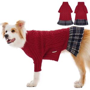 lot 2374 image: IECOii XL Dog Sweater Dress for Large Dogs Girl, Cable Knit Winter Dress for Female Dogs, Red,XLarge, Soft Girl Dog Sweater with Tartan Plaid Skirt Cute Turtleneck Knitwear for Cold Weather XL