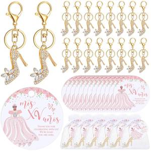 lot 2377 image: Dunzoom 18 Set Quinceanera Party Favors for Guests Bulk High Heel Shoe Keychains Thank You Cards Small Quinceanera Cards Organza Bags for 15 Birthday Guests Girls Gift Party Favors (Classic Style)