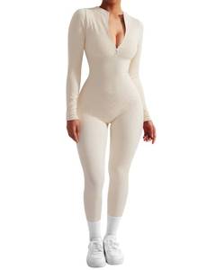 lot 2388 image: SUUKSESS Women Long Sleeve Ribbed Jumpsuit Sexy Zip up Front Workout One Piece Bodycon Jumpsuit Romper (Beige, S)