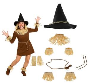 lot 2389 image: Nicky Bigs Novelties 11 Piece Scarecrow Costume Set Wizard Scarecrows Costume Accessories Black Hat Rope Belt Straw Kit Oktoberfest Witch for Adult Women Men for Halloween
