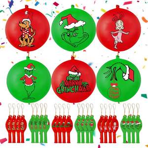 lot 2411 image: 24 Pcs Christmas Punch Balloons - 12in Funny Green Christmas Party Favors Latex Bounce Balloons with Rubber Band Handle for Birthday Party