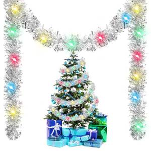 lot 2418 image: Kingdder 16.4 ft Christmas Tinsel Garland Lighted Metallic Twist Tree Decoration Prelit Battery Operated 50 LED Hanging Garland for Xmas New Year Home Outdoor Decor(Multicolor, Silver)