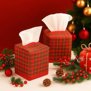 lot 2420 image: Reallnaive 2 Pcs Christmas Plaid Tissue Box Cover Polyester Cotton Scottish Tartan Decorative Tissue Box Holder Square Funny Cube Case Cover for Holiday Farmhouse Bathroom Bedroom Living Room