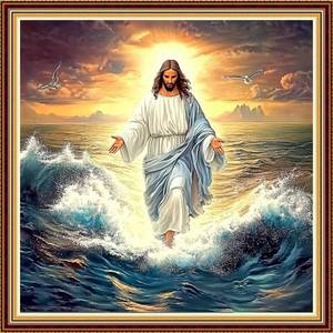 lot 2423 image: Hopeart Stamped Cross Stitch Kits for Beginner Embroidery Kits for Beginners Adults DIY 11CT Cross Stitch Patterns Needlepoint Kits Crossstitching Kits-Jesus Walking on sea 18x18 inch