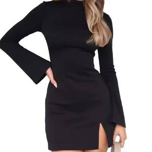 lot 2428 image: Womens Fashion Sexy Dress 2024 Autumn New Flared Long Sleeve Temperament Slit Skirt Sense of Luxury Black S
