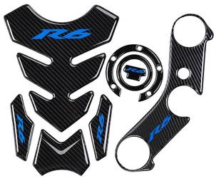 lot 2432 image: REVSOSTAR Real Carbon Fibre Gas Cap, Triple Tree Front End Upper, Top Clamp Decal Stickers, Tank Pad, Tank Protector for R6 600 2006-2016, 3 Pcs Per Set (Blue)