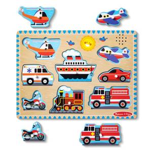 lot 2446 image: Melissa & Doug Vehicles Sound Puzzle �� 8-Piece Wooden Peg Puzzle with Light-Activated Sounds, Music Learning Toy for Toddlers and Preschoolers Ages 2