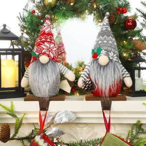 lot 2461 image: Lulu Home Christmas Stocking Holder, Set of 2 Soft Stuffed Christmas Gnome Metal Stocking Hangers, Rustic Farmhouse Christmas Stocking Hooks for Fireplace, Mantle, Shelves Decorative Ornaments