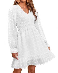lot 2483 image: BTFBM Long Sleeve Fall Dresses for Women 2025 Casual V Neck Swiss Dot Smocked Ruffle Chiffon Summer Flowy Mini Dress(White, Large)