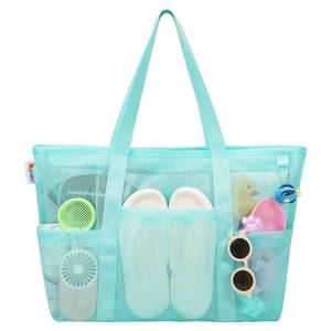 lot 2492 image: Tagitary Mesh Beach Bag with Zipper, Blue Large Tote Waterproof Sandproof with 8 Pockets for Beach Toys Storage Swim Pool Accessories for Vacation Sports Camping Picnic Travel Bag