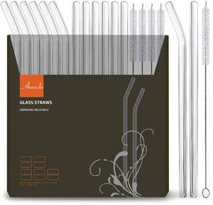lot 2493 image: ANNVCHI 16 Pack Reusable Glass Straws,Set of 6 Straight and 6 Bent with 4 Cleaning Brush,Perfect for Smoothies,Tea, Juice, Milkshakes(8.5x10 MM)