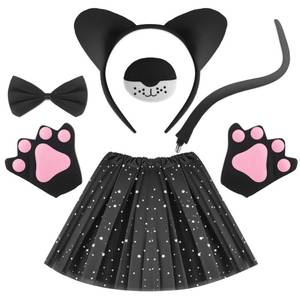 lot 2494 image: ZONESTA Halloween Costume Cat Costume for Girls, Cat Ears Black Costume for Kids Multi-layer Black Skirt with Twinkle Little Stars