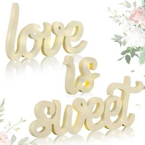 lot 3124 image: Glooglitter 3 Pcs Love Is Sweet Table Decor Wooden Love Is Sweet Sign LED Hollow Sign for Dessert Freestanding Letter Shelf Rustic Wedding Bridal Shower Engagement Bachelorette Party Decor(Beige)
