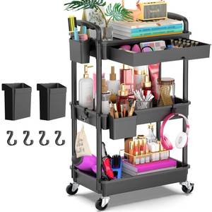 lot 3129 image: Goovilla 3 Tier Rolling Utility Cart Organizer with Removable Drawer, Stable and Sturdy Black Rolling Storage Carts with 2 Lockable Wheels for Bathroom, Kitchen, Snack, Craft, Makeup, Baby Essentials
