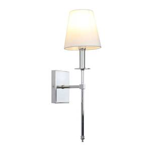 lot 3130 image: PERMO Single Classic Rustic Industrial Wall Sconce Lighting Fixture with Flared White Textile Lamp Shade and Chrome Tapered Column Stand