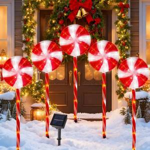 lot 3132 image: BRIGHTDECK Lollipop Solar Christmas Pathway Lights Outdoor, 5 Pack LED Christmas Decor with 8 Lighting Modes, Light Up Solar Stake Lights for Holiday, Xmas, Walkway, Sidewalk (Red, 5 PCS)
