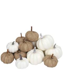 lot 3140 image: Fabric and White Pumpkins Assorted Size - 16PCS Burlap for Rustic Fall Decor, Perfect Halloween Thanksgiving Decoration Wedding