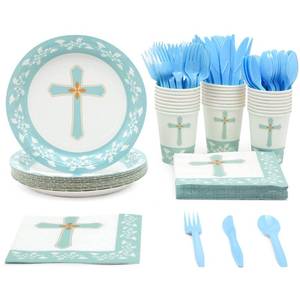 lot 5810 image: Juvale Baptism Decorations Tableware Set - 144-Piece, Blue & White, Serves 24 Guests - Disposable Paper Plates, Cups, Napkins & Cutlery - Baby Boy Baptism, Christening & First Communion Party Supplies