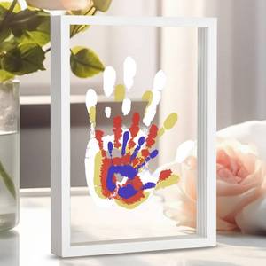 lot 5829 image: CHERRY CHEERS Family Handprint Kit, DIY Craft Keepsake Wooden Frame, Endless Gift Set, Non-Toxic Paints, Transparent Sheets (White)