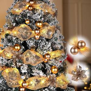 lot 5833 image: Hollowfly 16.4 ft Christmas Tree Ribbon Garland Mesh with Lights Decor Mesh Christmas Ball Garland Poinsettia Flower Hanging Ornament for Mantle Front Door Xmas Decoration(Champagne Gold)