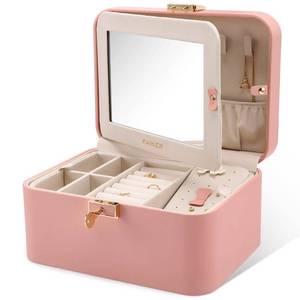 lot 5834 image: KAMIER Jewelry Boxes for Women, 2 Layers PU Leather Travel Jewelry Box, Large Capacity, Double Lock and Large Mirror, Hidden Necklace Hooks, Removable Dividers, Gift Box Packaging, Pink