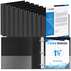 lot 5837 image: Henoyso 12 Pcs 3 Ring 1.5 Inch Binders Fits 8.5 x 11 Inch Letter Size Paper, Plastic Black Flexible Binders with View Cover and 2 Pockets, 275 Sheets Capacity for Office School