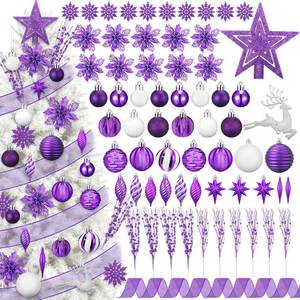 lot 5838 image: CroBlissful 118 Pcs Christmas Tree Ornaments Set Including Ornaments Balls, Hanging Snowflakes Icicle, Mesh Ribbon, Tree Top Star, Flower, Berries Stems for Xmas Trees Holiday Decor(Purple)