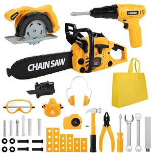 lot 5840 image: Mathea Kids Tool Set, 37 Piece Toddler Tool Set with Electronic Toy Drill and Chainsaw, Construction Tools Kits with Storage Bag, Christmas Birthday Gifts for Kids Ages 3,4,5,6,7,8