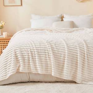 lot 6217 image: BEDELITE King Size Blanket for Bed, 300GSM Soft & Warm Fleece Blanket, Decorative and Giftable Striped Cream White Blankets for Women, Men, 108x90