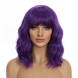 lot 6256 image: Mxayhnajxl Dark Purple Wigs with Bangs for Women 14 Inch Short Wavy Bob Wigs Synthetic Bob Wig Curly Wig Heat Resistant Colorful Wavy Wig Cosplay Wigs For Daily Party Halloween