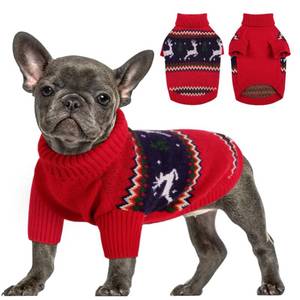 lot 6263 image: Queenmore Christmas Dog Sweater - Knitted Pullover Turtleneck Outfit, Warm Clothes for Small Dogs Boys or Girls L
