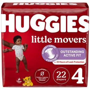 lot 6276 image: Huggies Size 4 Diapers, Little Movers Baby Diapers, Size 4 (22-37 lbs), 22 Count, Packaging May Vary