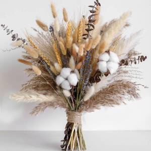 lot 6281 image: Natural Dried Flower Bouquet - Pampas Grass, Cotton Stems, Bunny Tails, Eucalyptus, Lavender & Wheat - Rustic Boho Decor for Home, Fall Decorations for Home, Wedding, or Gift