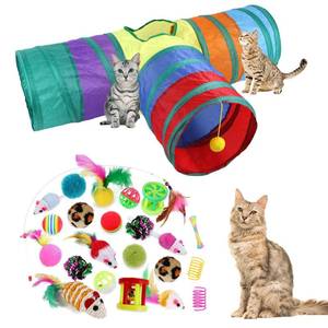 lot 6282 image: A32Pcs Cat Toys Kitten Interactive Pet Toys Assortments, Foldable Rainbow Tunnel, Teaser Wand Fluffy Mouse Crinkle Balls Bell Play for Puppy Kitty (3 way)