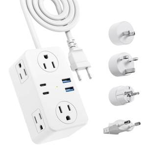 lot 6289 image: Kakyanill European Travel Plug Adapter, EUUKUS Travel Adapter Power Strip, 6 AC Outlets, 20W USB C Power Delivery, 3ft Wrapped Around Extension Cord, Compact for Travel