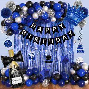 lot 6294 image: Ouddy Life 91Pcs Blue and Black Happy Birthday Decorations for Men with Happy Birthday Banner Confetti Foil Balloons Fringe Curtain Hanging Swirl for 21st, 25th, 27th 40th Birthday Party Supplies