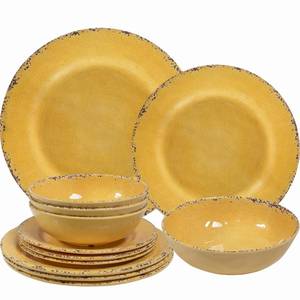 lot 6312 image: ZAROCRUS 12-Piece Rustic Melamine Dinnerware Set With Dinner Plate, Salad Plate And Large Capacity All Purpose Bowls,Service for 4, Indoor And Outdoor Use, Yellow
