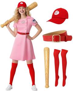 lot 6313 image: ZapLute Women Pink Baseball Dress League Costume Halloween Cosplay Dresses for Women Uniform Set with Baseball Cap Belt Inflatable Baseball Bat (M)