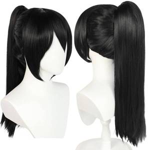 lot 6334 image: IMEYLE Long Black Ponytail Wig with Bangs for Women Peluca Negra Straight Black Ponytail Wig Synthetic Wigs Anime Detachable Clip-on Ponytait Black Cosplay Wigs for Halloween Costume PartyHair Cap