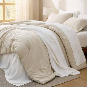 lot 7107 image: Bedsure Queen Comforter Set - 7 Pieces Beige Queen Bedding Set for All Seasons, Boho Contrasting Design Bed in a Bag with Comforter, Sheets, Pillowcases & Shams