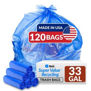 lot 7111 image: Reli. SuperValue 33 Gallon Recycling Bags (120 Count) Made in the USA - Blue Trash Bags, 30-33 Gallon  Recycling, Garbage  33Gal with 30Gal - 35Gal Capacity