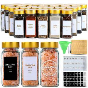 lot 7118 image: JARXSUN Glass Spice Jars with Label, 24Pcs Spice Jars with Shaker Lids-4 oz Gold Spice Seasoning Jars Bottles Containers Set for Spice Rack (24)