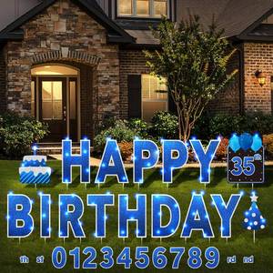 lot 7127 image: Yerliker 16 Pcs Happy Birthday Yard Signs with Stakes, 32.8 ft LED Lights, 42 Pcs Number Stickers, 13.4 Inch Letters Signs for Birthday Party Supplies Yard Lawn Outdoor Decoration(Royal Blue)